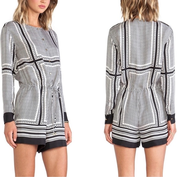 Rachel Zoe Phoebe Long Sleeve Silk Romper in Black + White Geometric Print - Picture 2 of 2